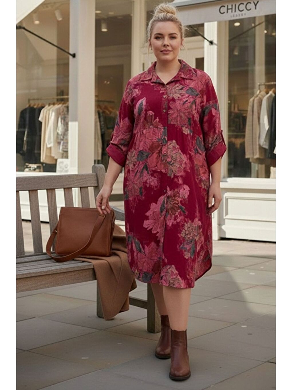İtalyan Büyük Beden Bordo Gömlek Yaka Uzun Kol Allover Baskılı Kadife Dokuma Elbise 112 65