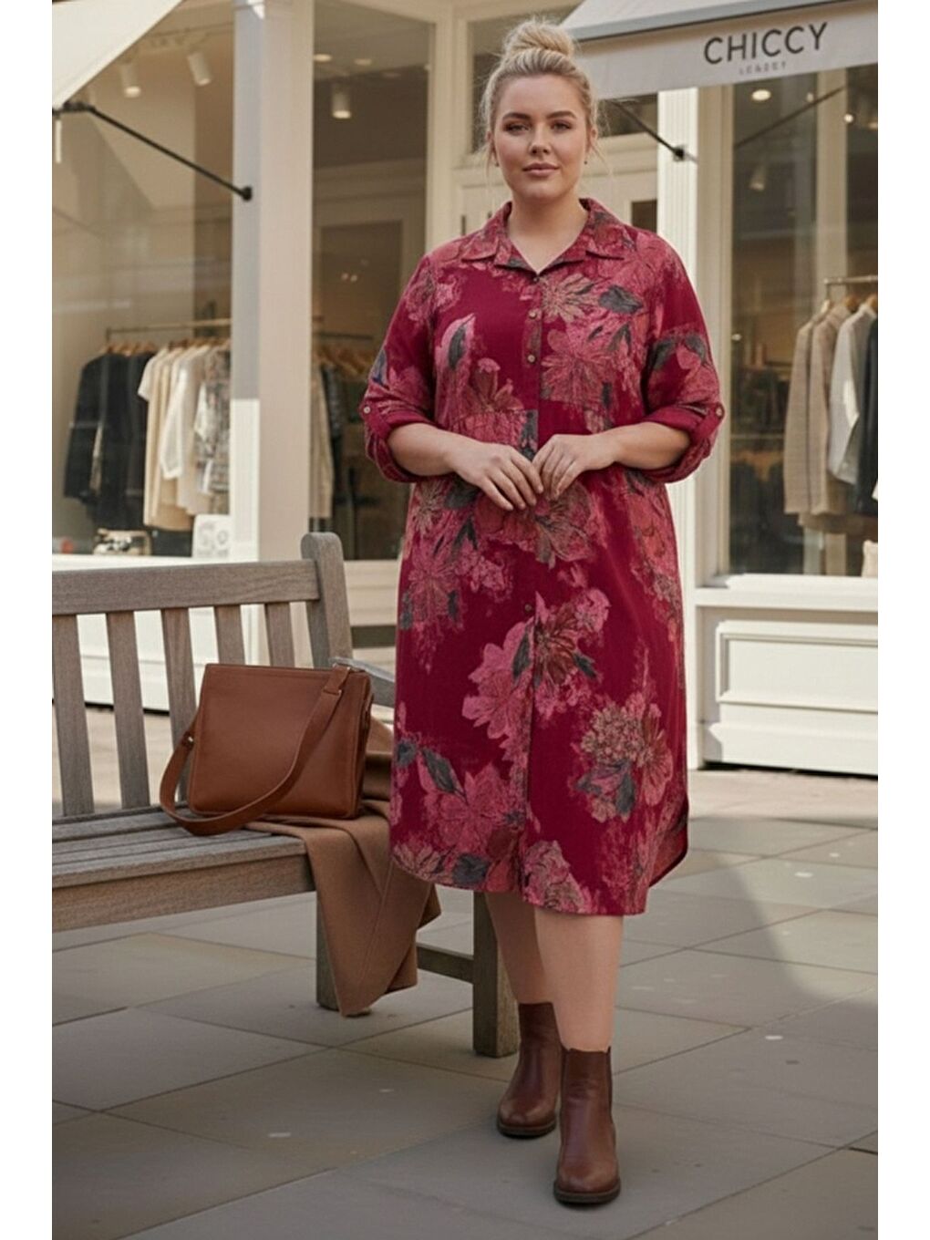 İtalyan Büyük Beden Bordo Gömlek Yaka Uzun Kol Allover Baskılı Kadife Dokuma Elbise 112 65-1