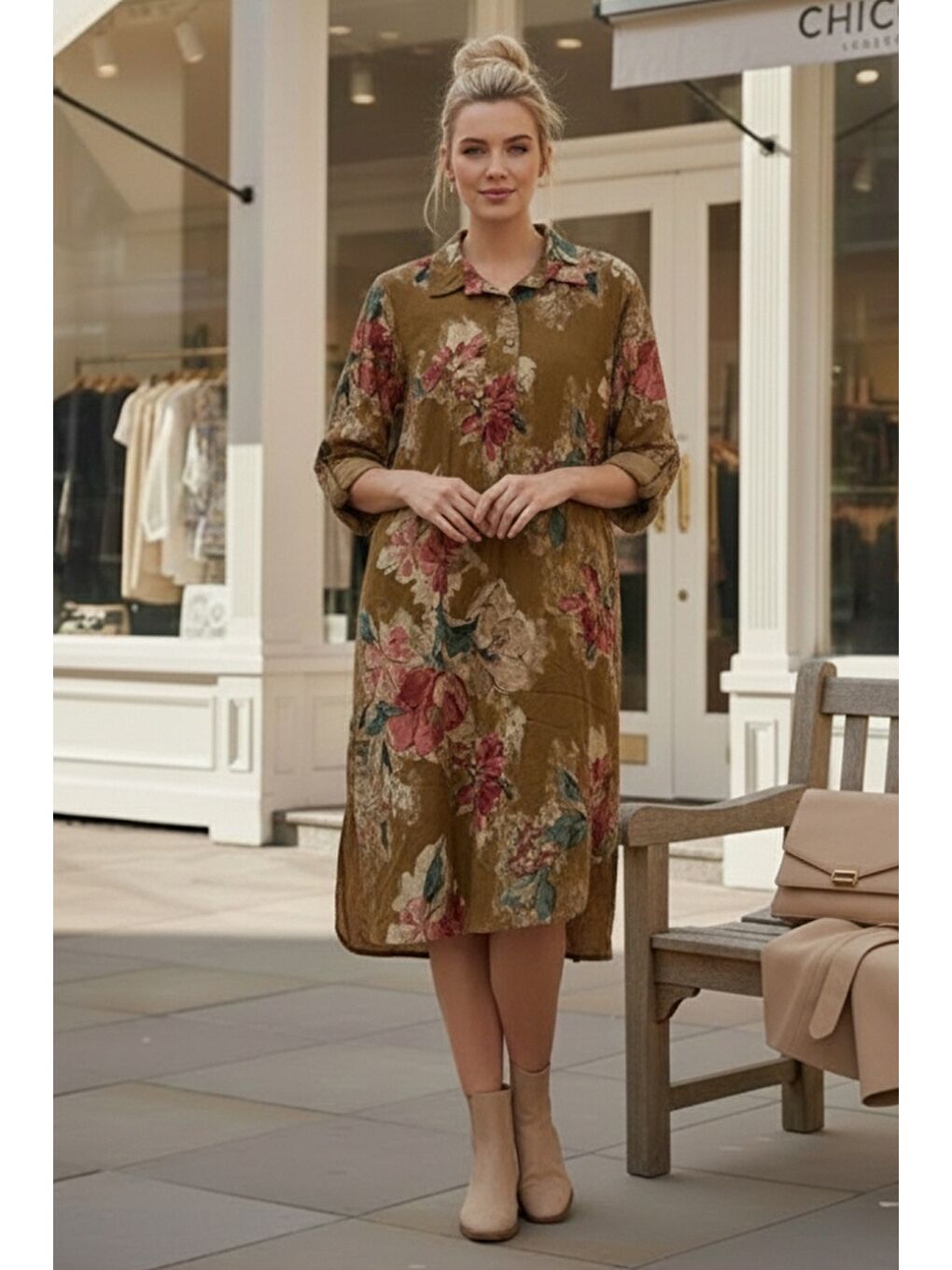 Sarı İtalyan Hardal Gömlek Yaka Uzun Kol Çiçekli Allover Baskılı Kadife Dokuma Elbise 112 65-2