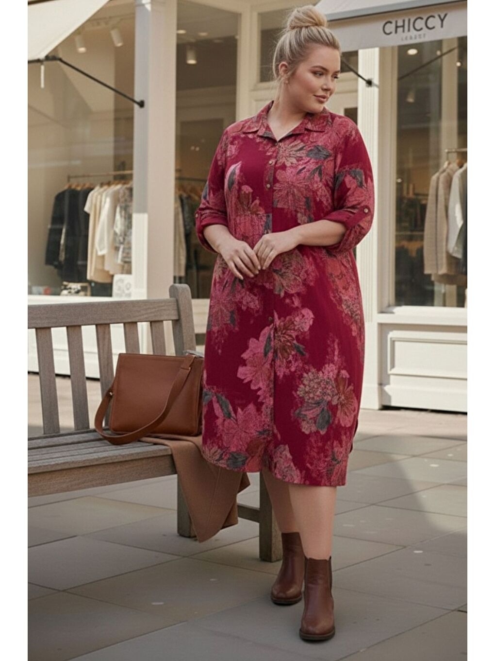 İtalyan Büyük Beden Bordo Gömlek Yaka Uzun Kol Allover Baskılı Kadife Dokuma Elbise 112 65-2