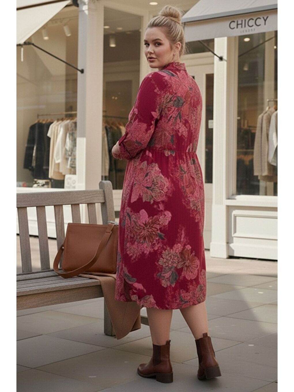 İtalyan Büyük Beden Bordo Gömlek Yaka Uzun Kol Allover Baskılı Kadife Dokuma Elbise 112 65-3