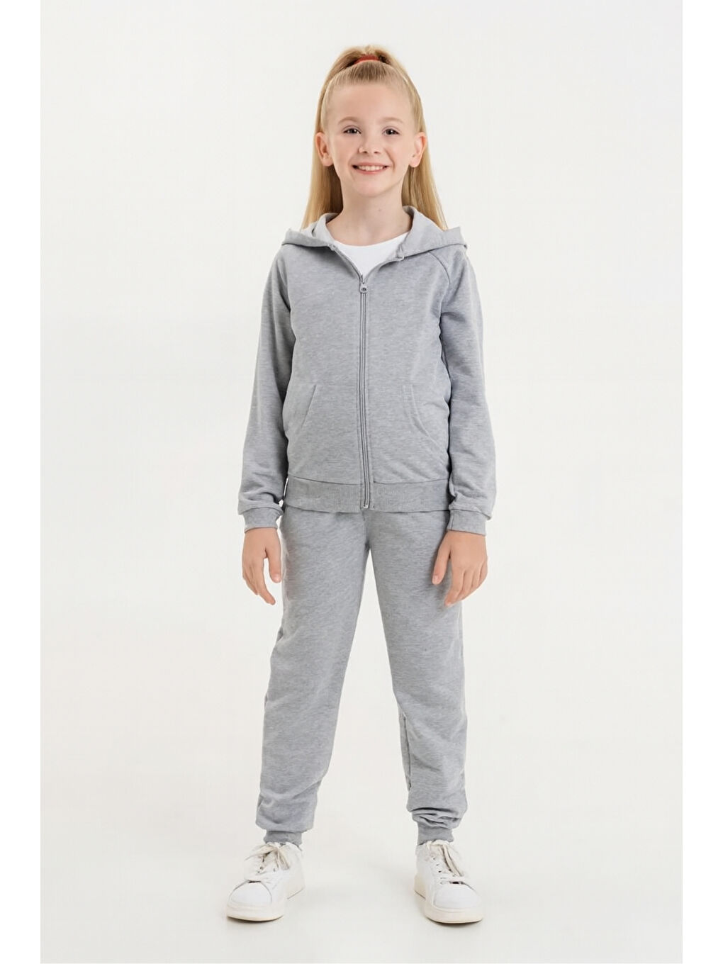 Gri Kız - Erkek Çocuk Basic Fermuarlı Okul Eşofman Takımı Ak0785-1