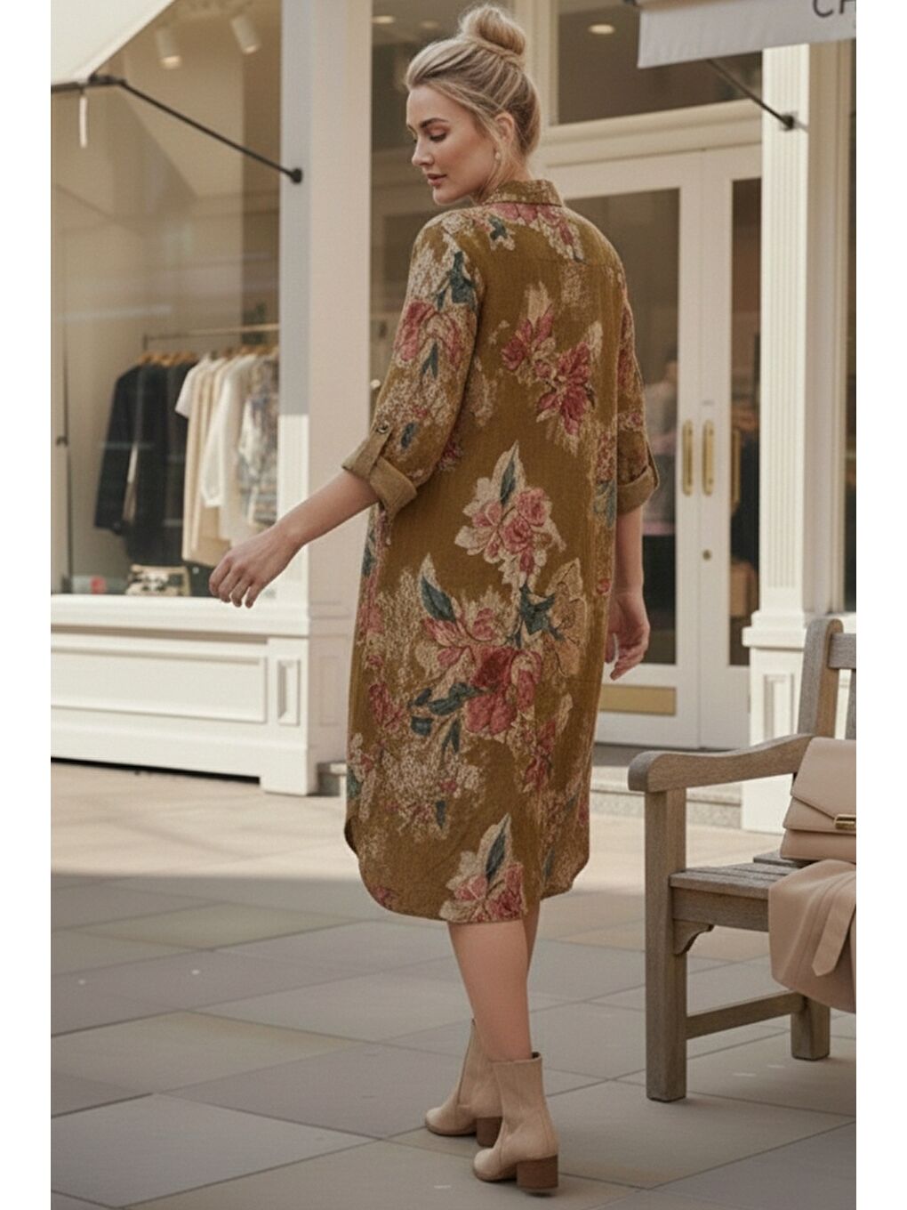 Sarı İtalyan Hardal Gömlek Yaka Uzun Kol Çiçekli Allover Baskılı Kadife Dokuma Elbise 112 65-4