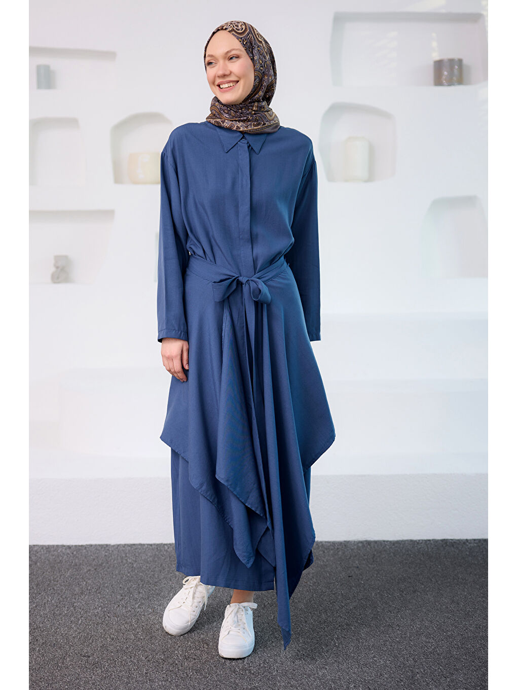 Kadın Eteği Bağlamalı Elbise Mavi-1
