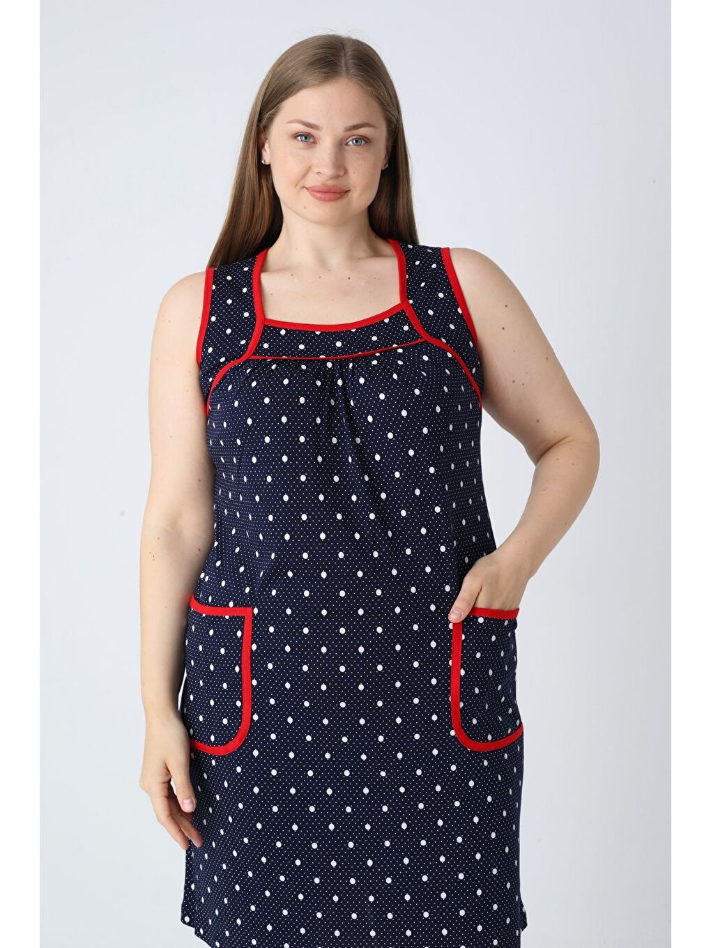 Kadın Büyük Beden Lacivert Puantiyeli Askılı Biyeli Cepli Pamuklu Elbise-2