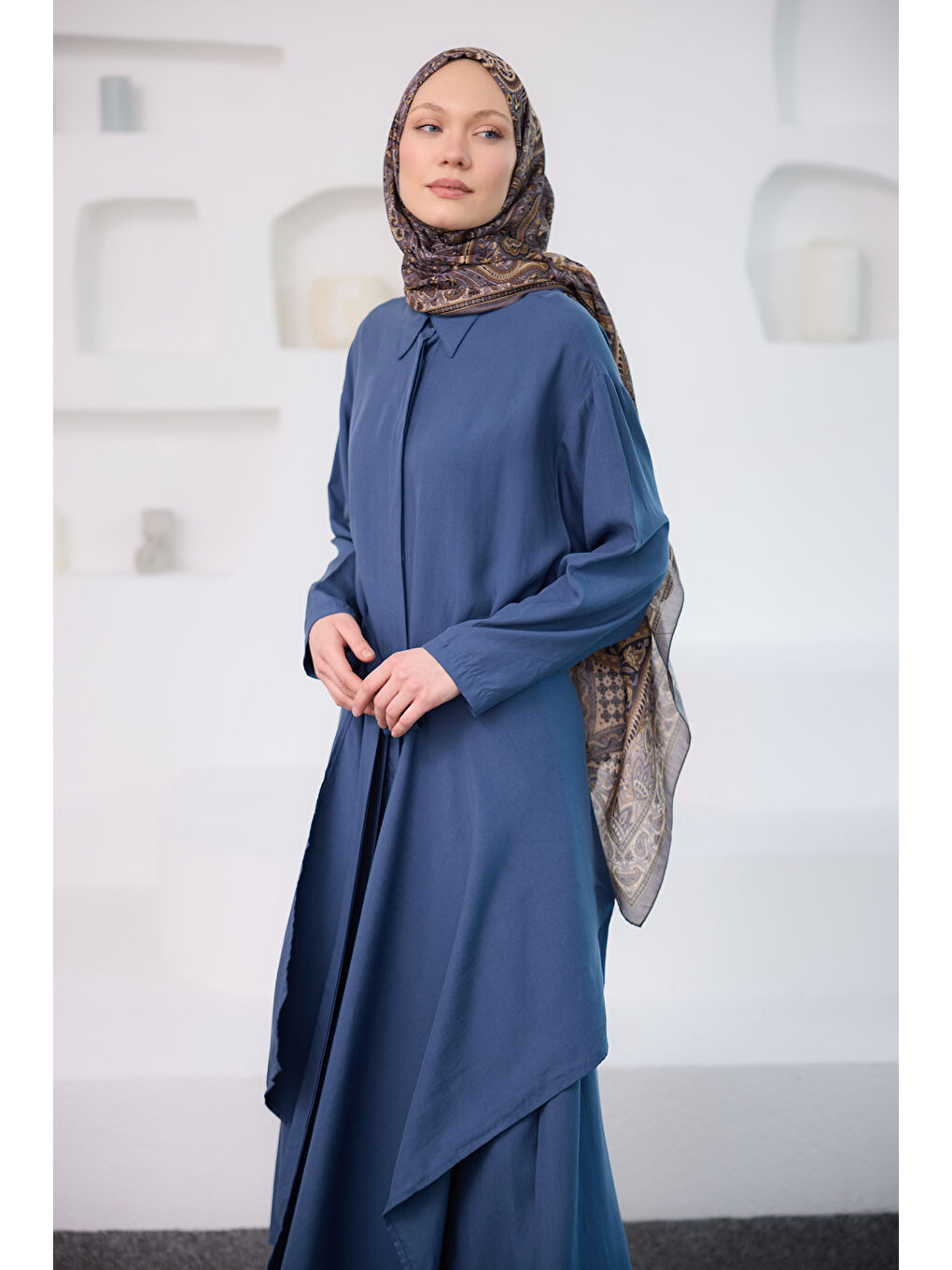 Kadın Eteği Bağlamalı Elbise Mavi-3