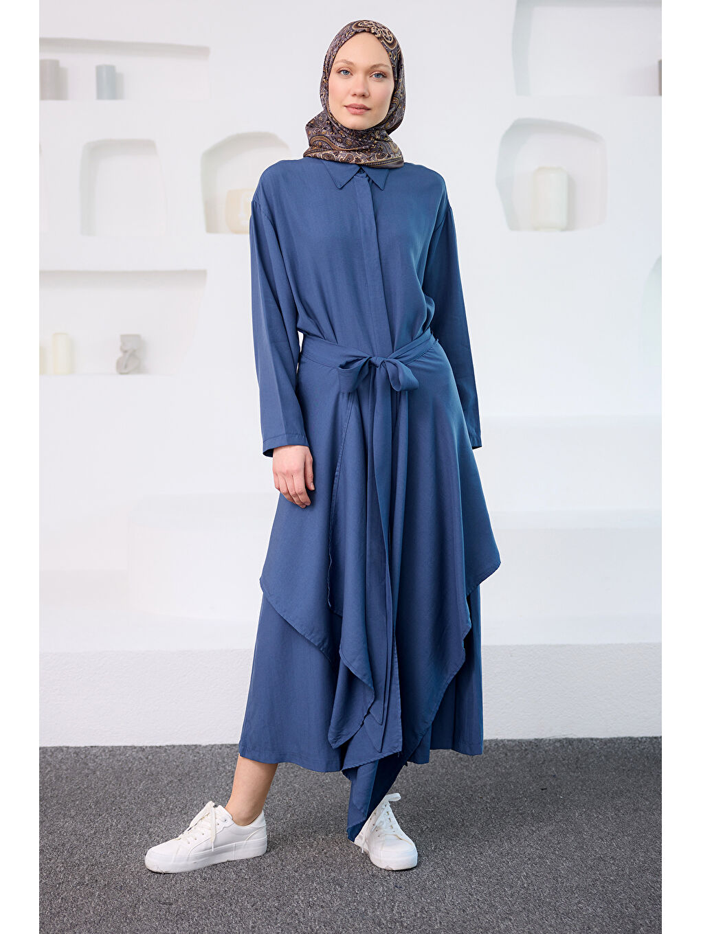 Kadın Eteği Bağlamalı Elbise Mavi-4