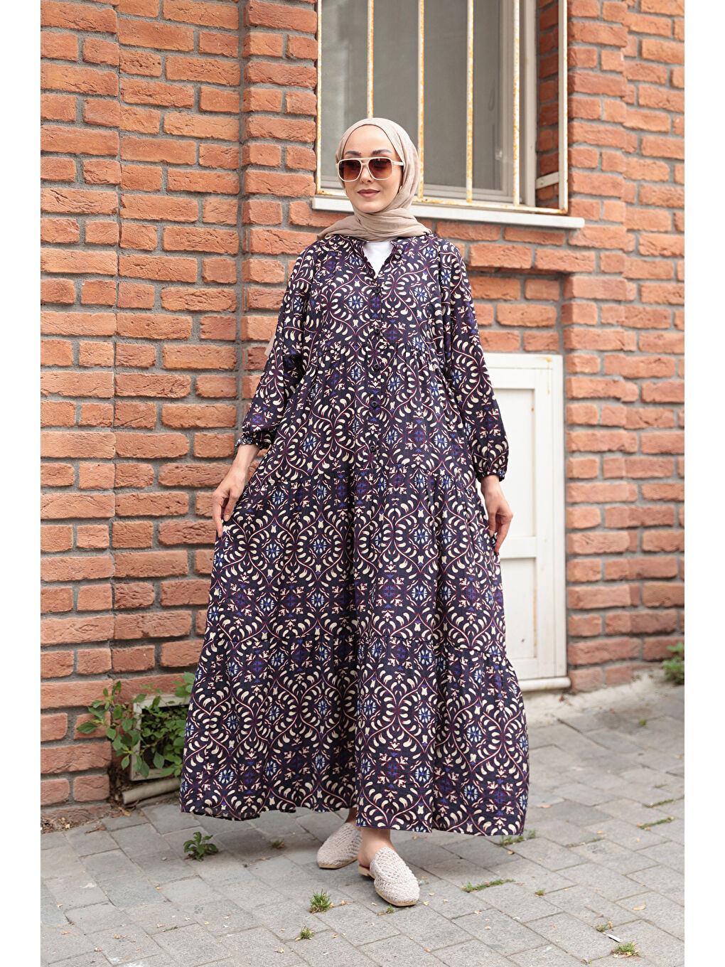 Kadın Lale Desenli Elbise Siyah