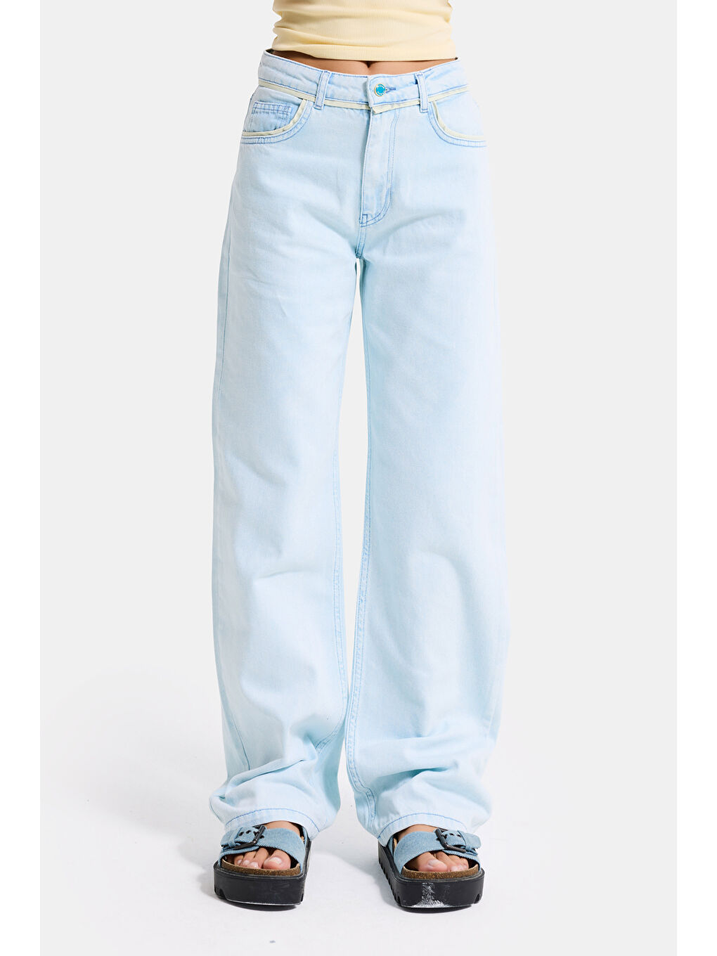 Kadın Bebe Mavi 3s6-103 Loose Fit Özel Yıkama Tasarım Denim Jean-1