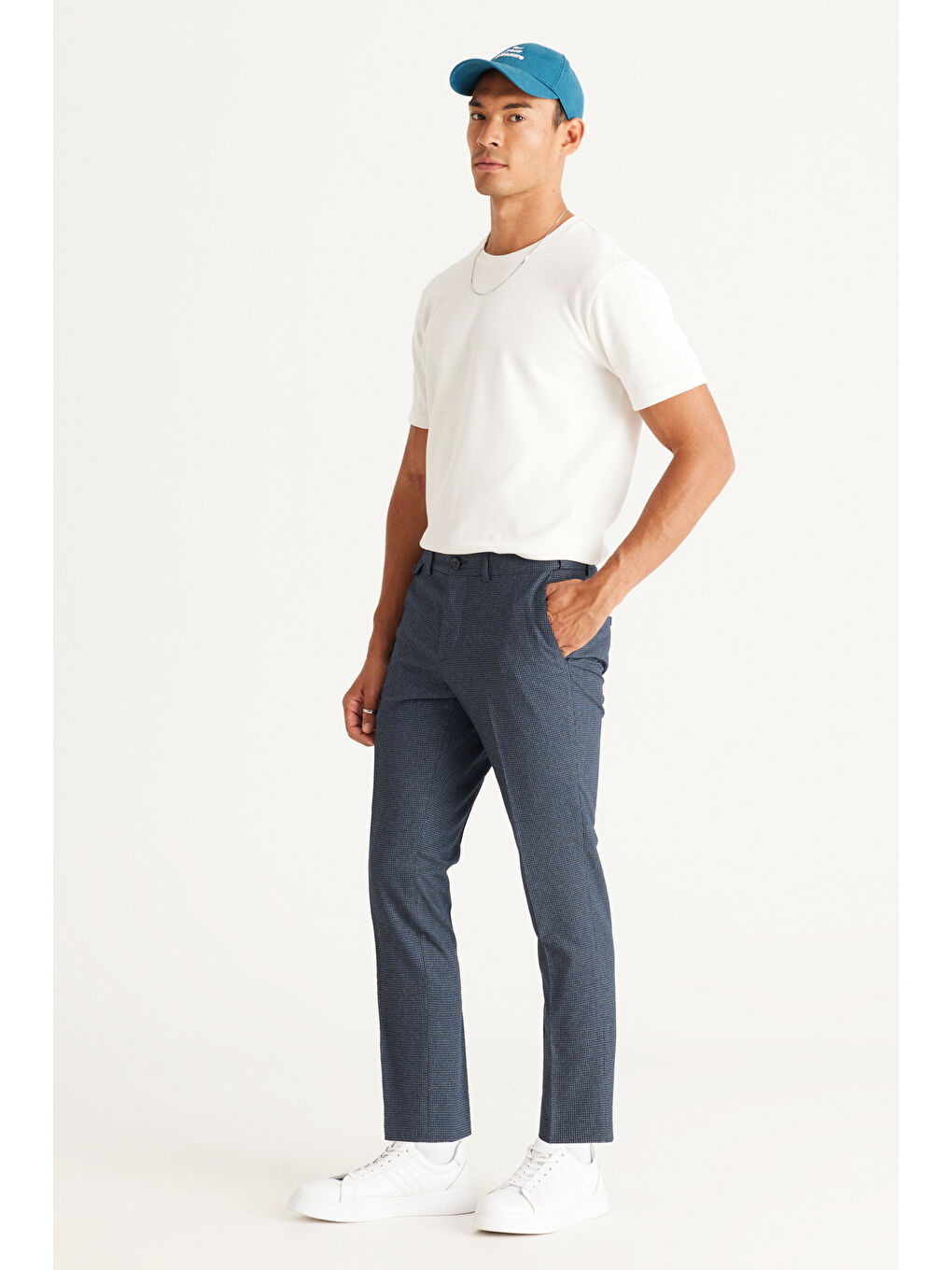 Erkek Lacivert Slim Fit Dar Kesim Desenli Beli Lastikli Esnek Pantolon