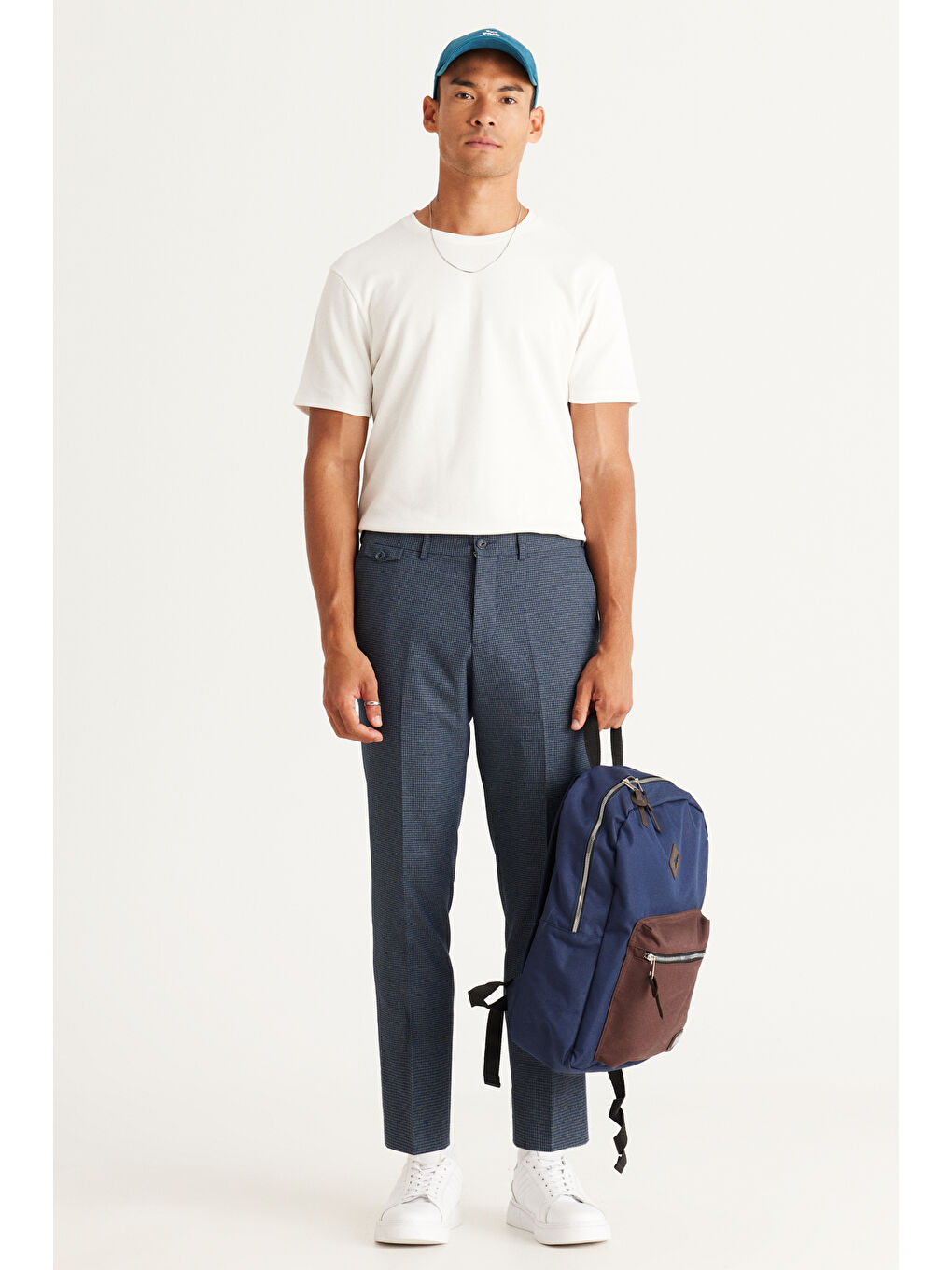 Erkek Lacivert Slim Fit Dar Kesim Desenli Beli Lastikli Esnek Pantolon-1