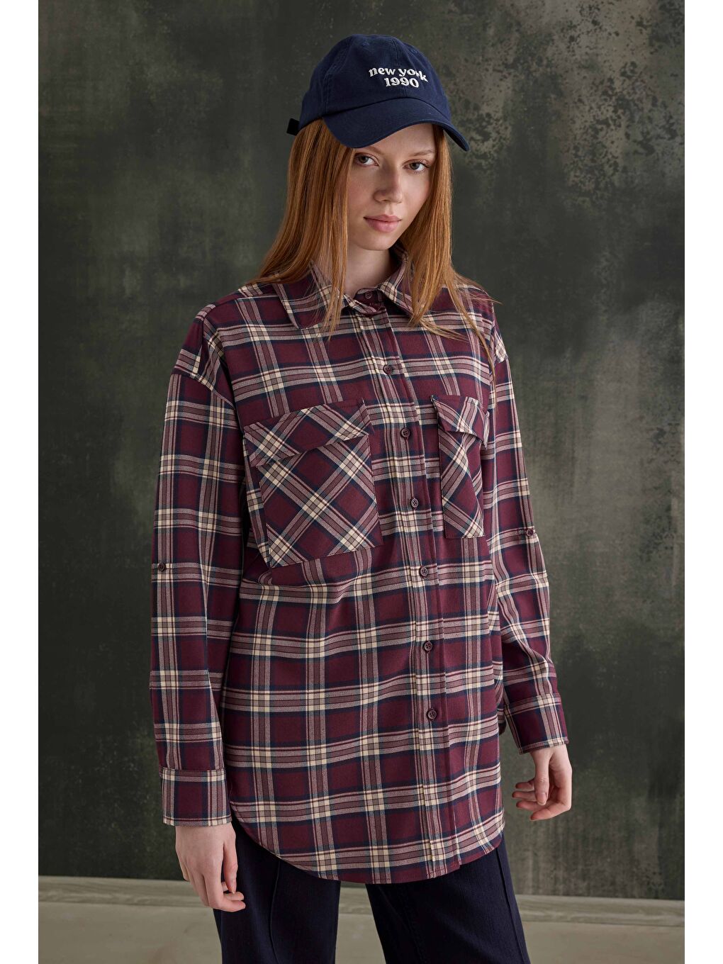 Cep Detaylı Ekose Gömlek Bordo-2