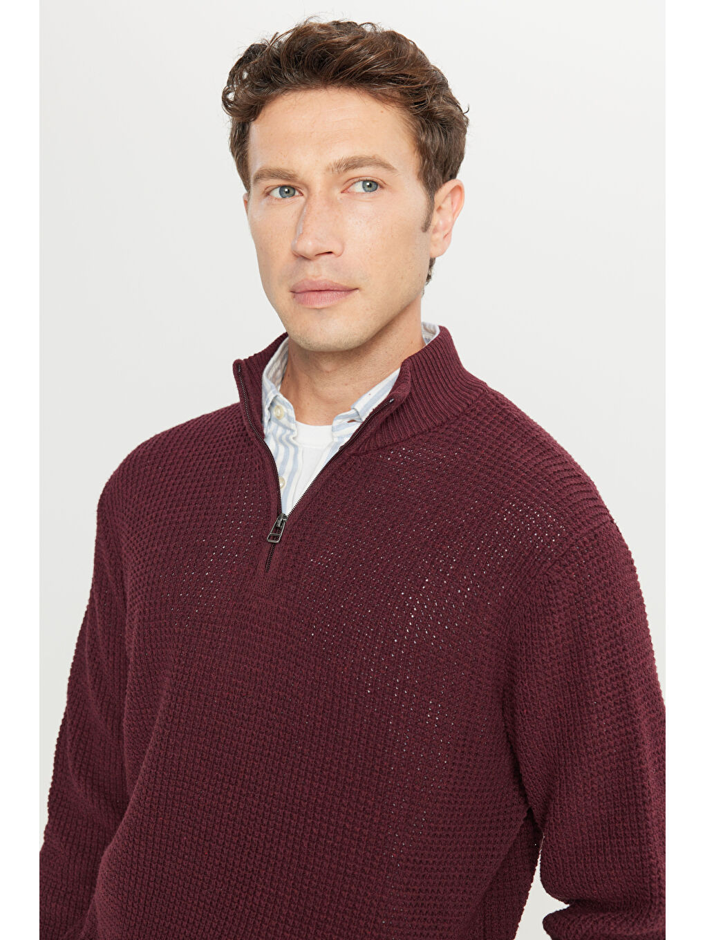 Erkek Bordo Pamuklu Standart Fit Normal Kesim Bato Yaka Jakarlı Triko Kazak-3