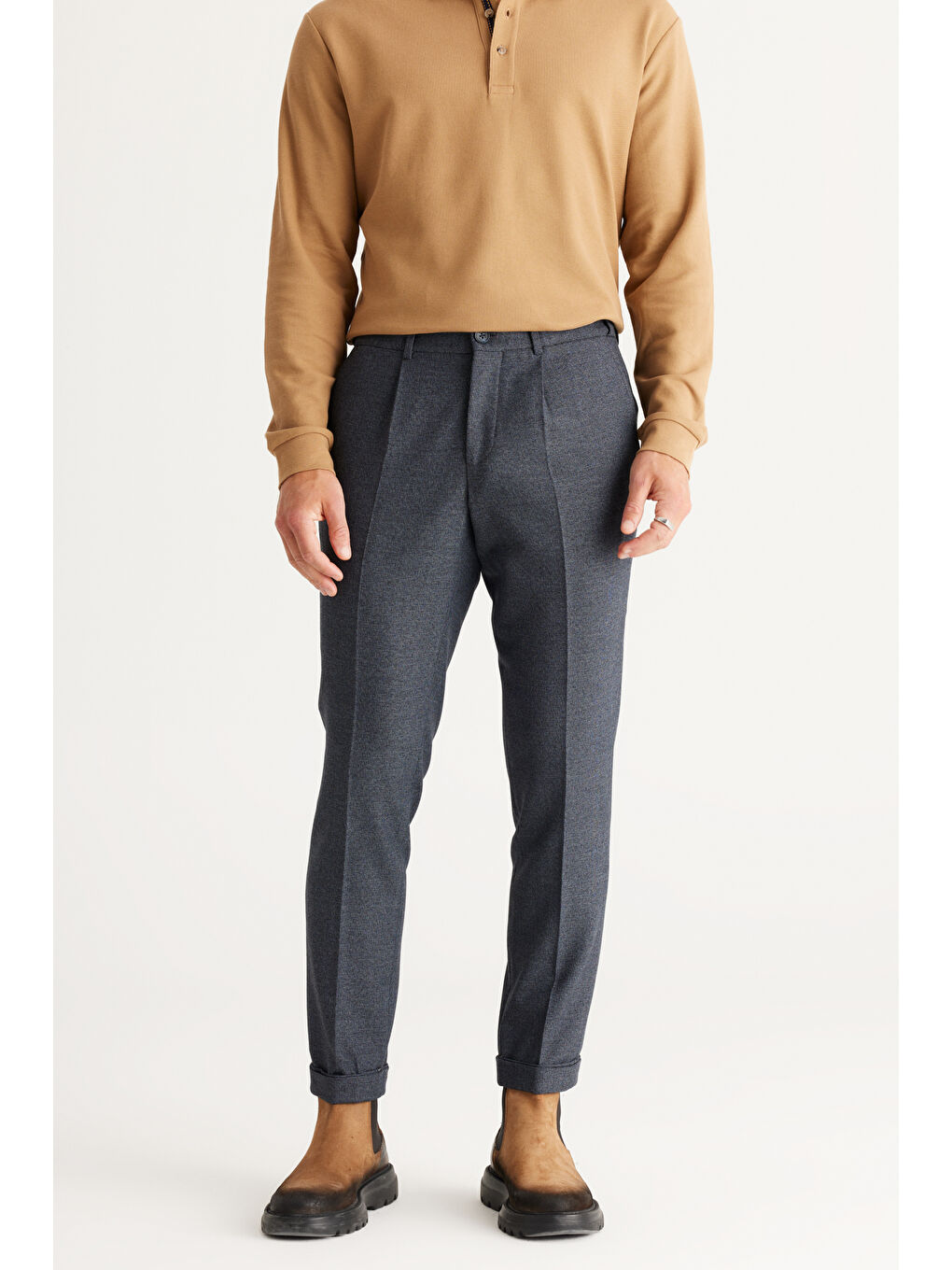 Erkek Lacivert Slim Fit Dar Kesim Desenli Beli Lastikli Esnek Pantolon-3