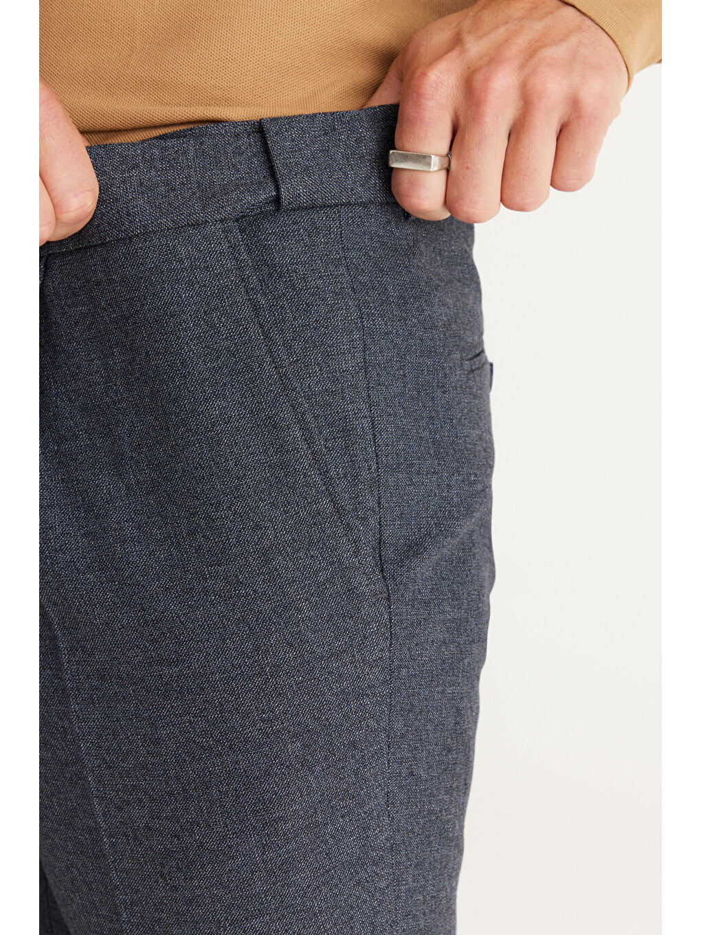 Erkek Lacivert Slim Fit Dar Kesim Desenli Beli Lastikli Esnek Pantolon-4