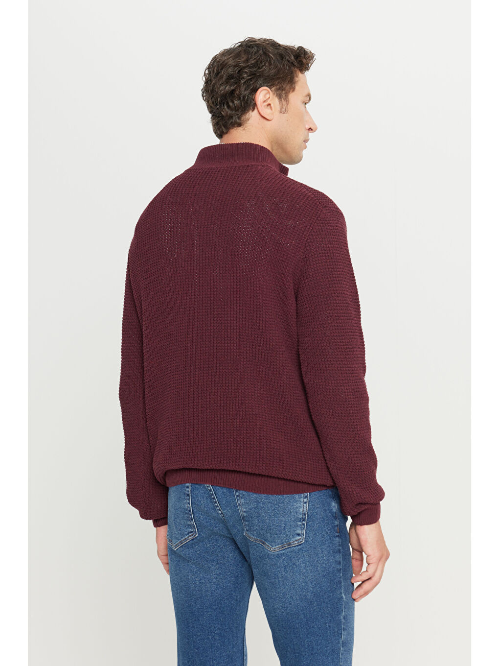 Erkek Bordo Pamuklu Standart Fit Normal Kesim Bato Yaka Jakarlı Triko Kazak-4