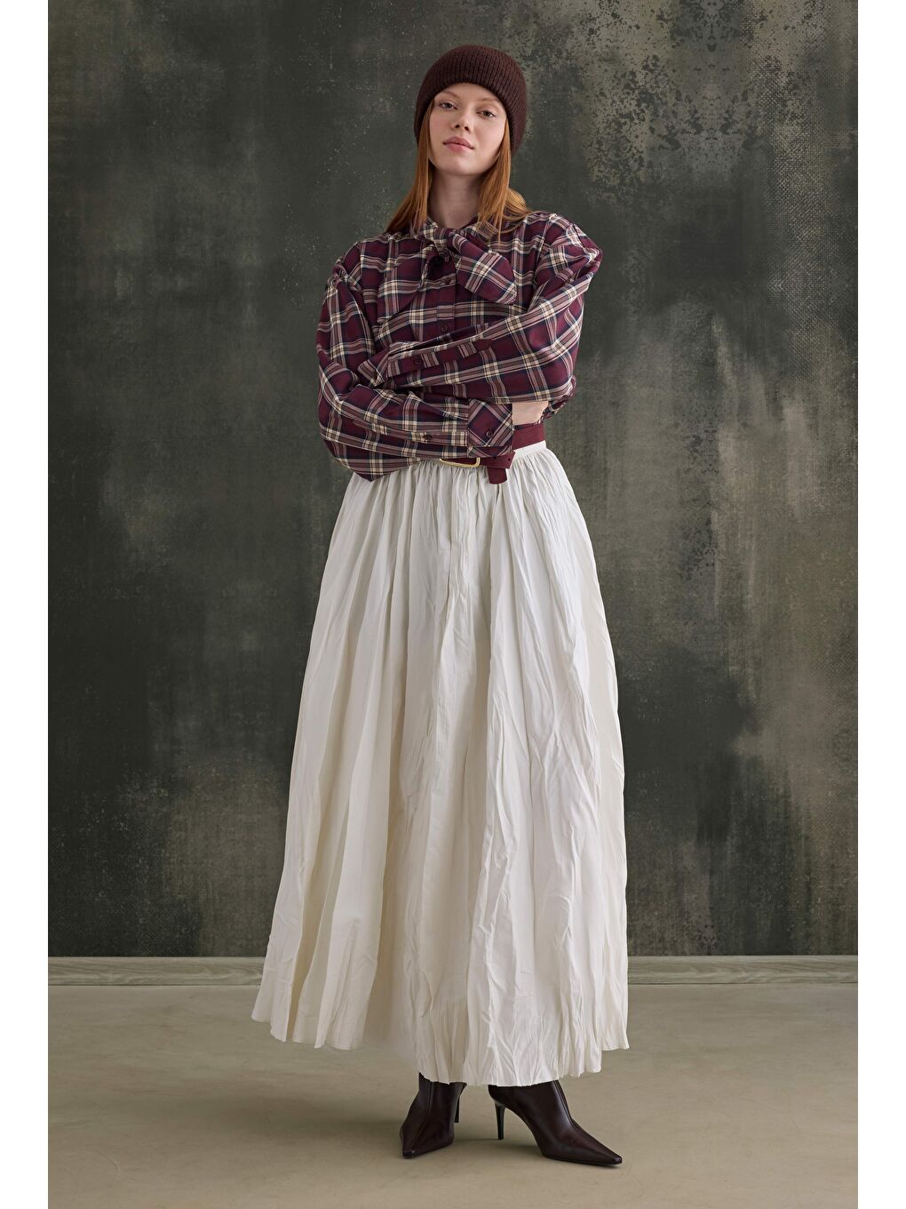 Fular Yaka Ekose Gömlek Bordo-2