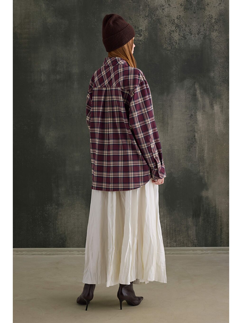 Fular Yaka Ekose Gömlek Bordo-4