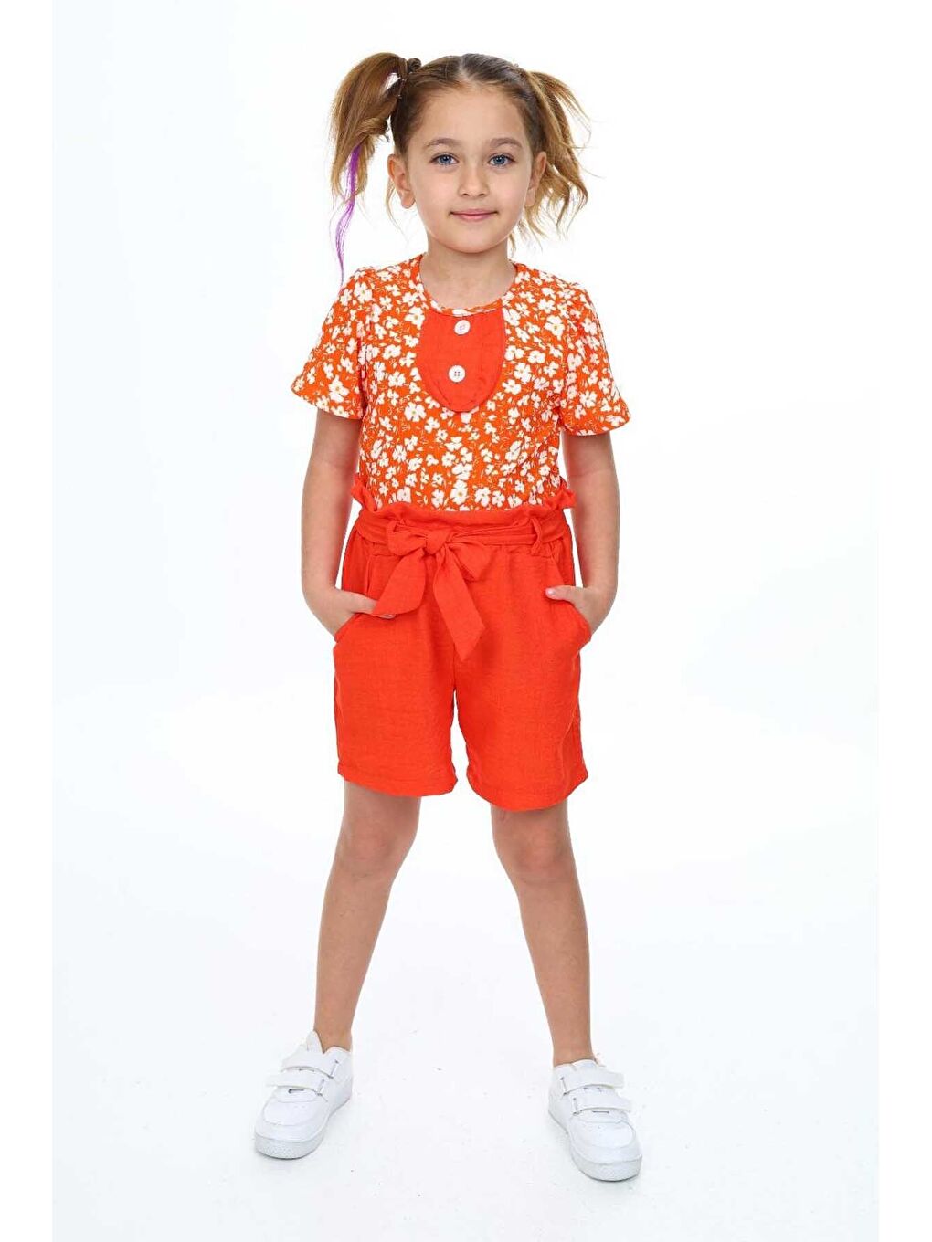 Turuncu İlkbahar Çiçekleri Desenli Kız Çocuk Takım-1