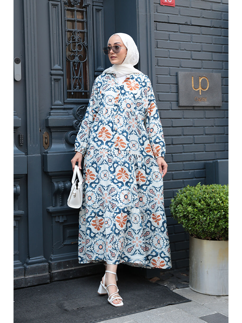 Kadın Anadolu Esintisi Desen Elbise Mavi-4