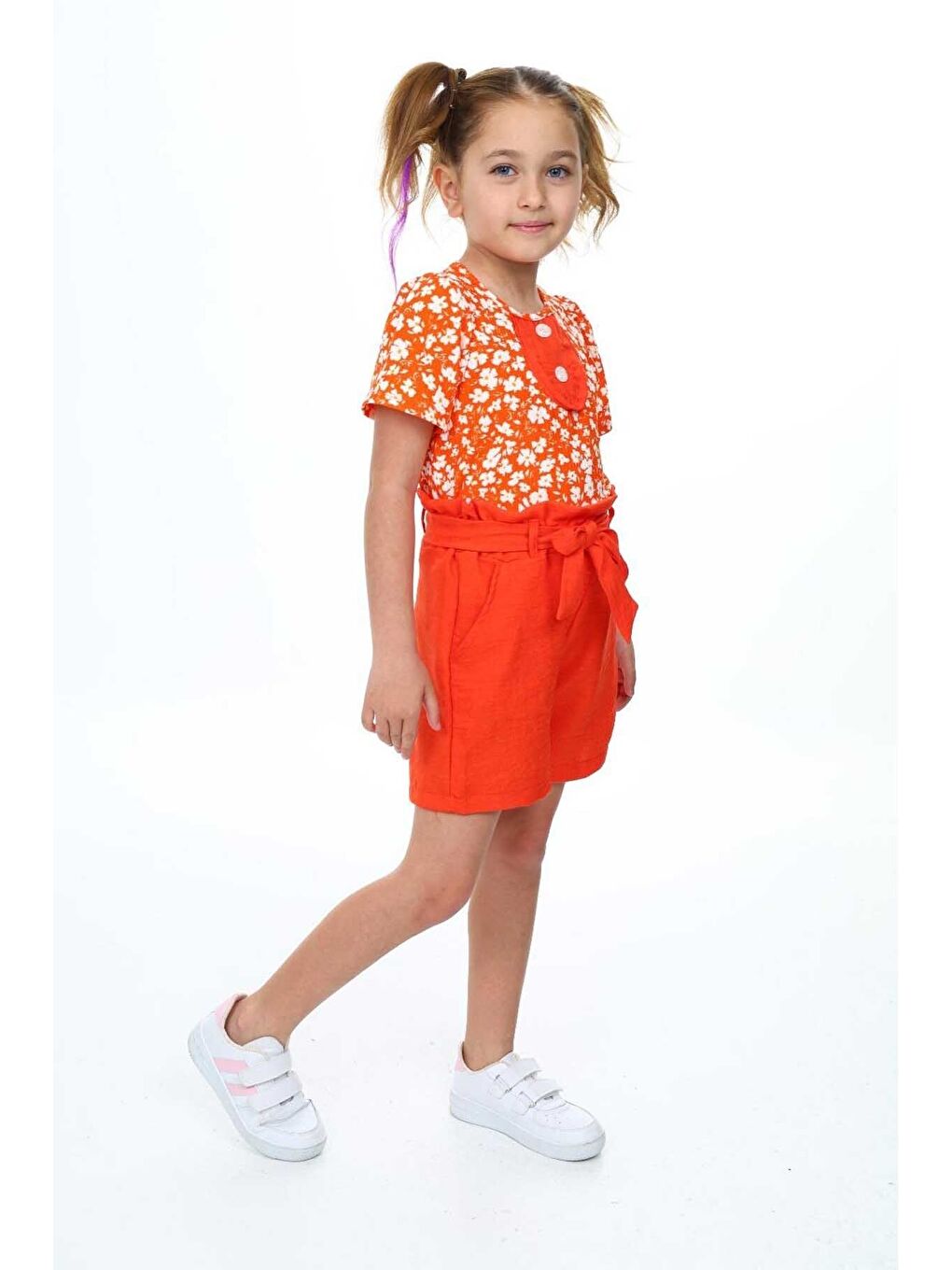 Turuncu İlkbahar Çiçekleri Desenli Kız Çocuk Takım-4