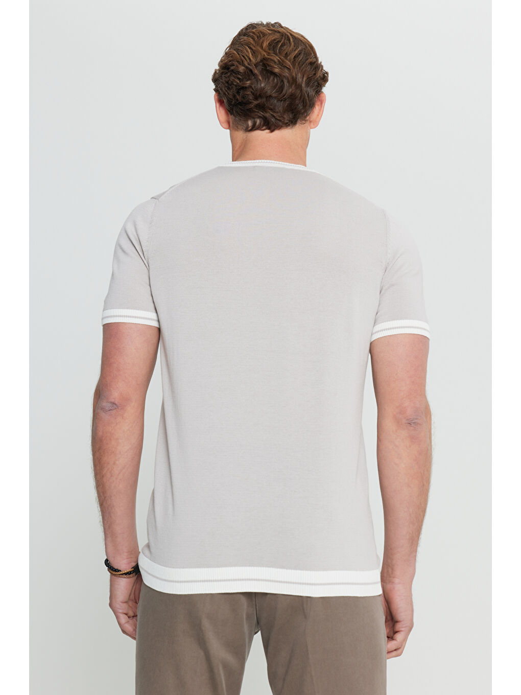 Erkek Bej %100 Pamuk Standart Fit Normal Kesim Bisiklet Yaka Triko Tişört-4