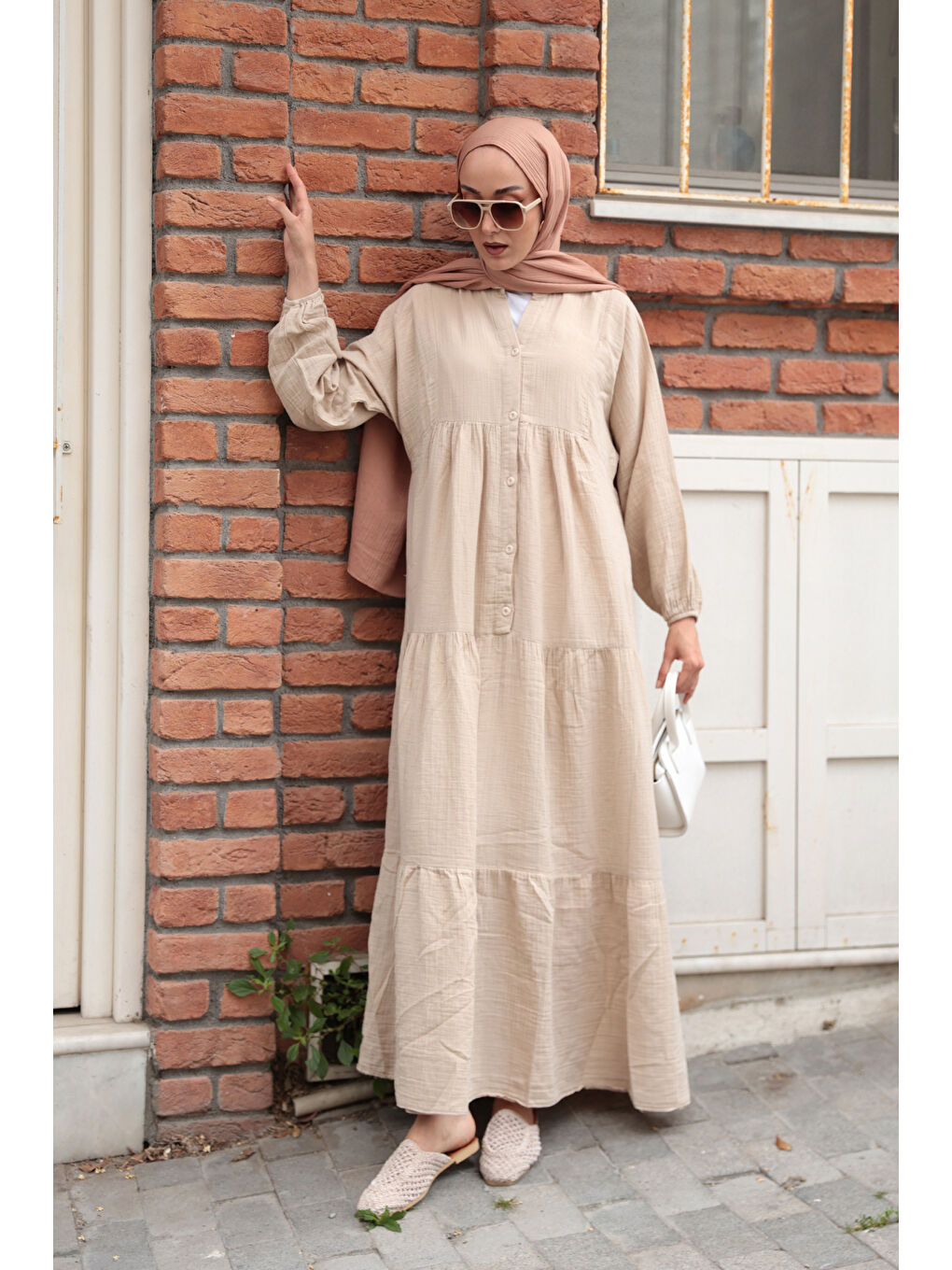 Ekru Kadın Kendinden Desenli Elbise Krem-2