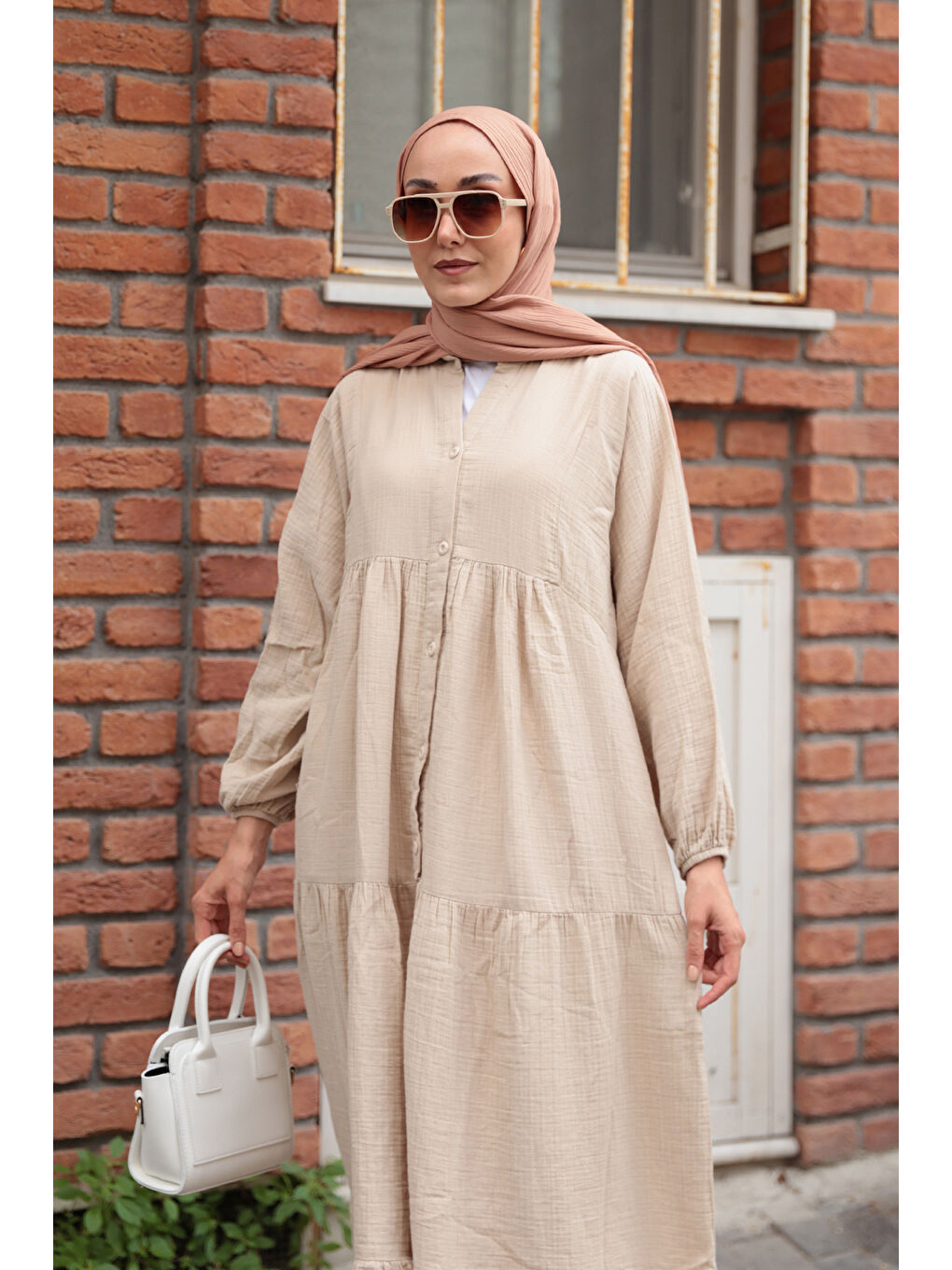 Ekru Kadın Kendinden Desenli Elbise Krem-3