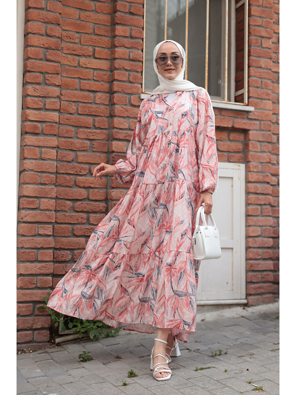 Kahverengi Kadın Kırlangıç Desenli Elbise Kiremit