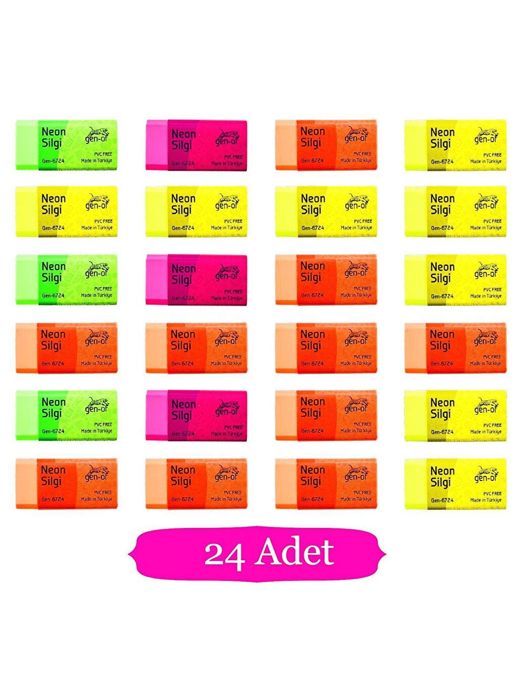 Gen-Of Karışık Asorti No:24 Pvc Free Orta Boy Neon Silgi (GEN-6724) 24 Adet