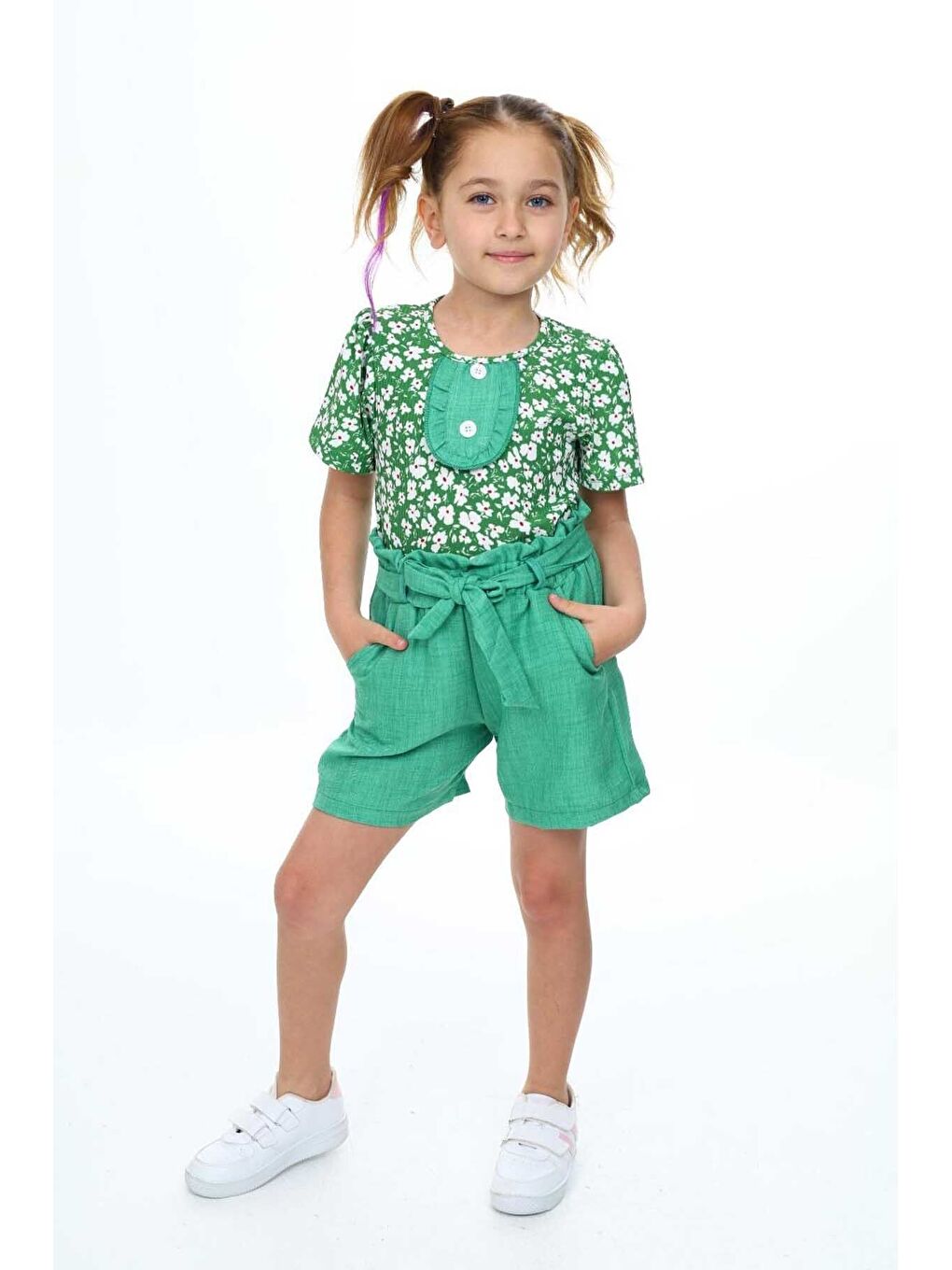 Yeşil İlkbahar Çiçekleri Desenli Kız Çocuk Takım-1