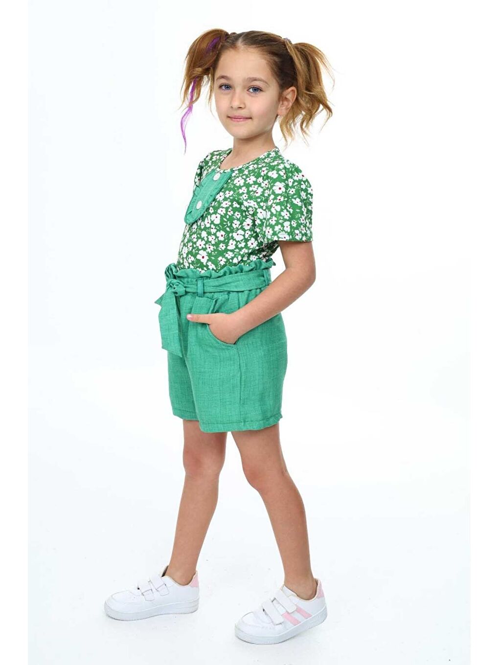 Yeşil İlkbahar Çiçekleri Desenli Kız Çocuk Takım-3