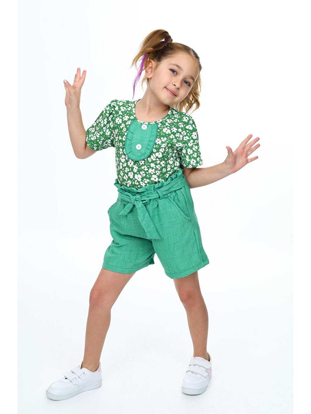 Yeşil İlkbahar Çiçekleri Desenli Kız Çocuk Takım-4