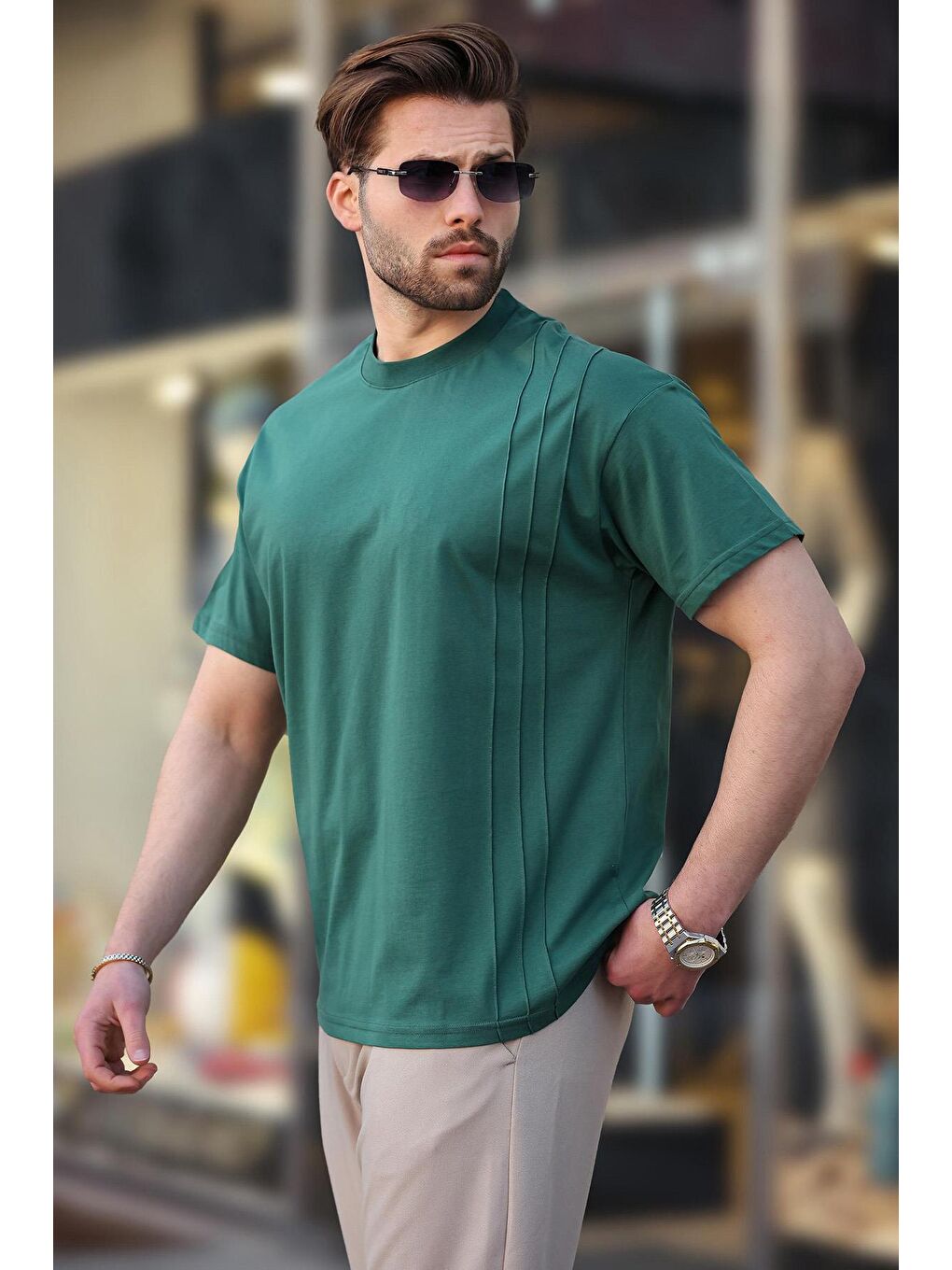 Yeşil Overfit Erkek %100 Pamuk Tişört E7130