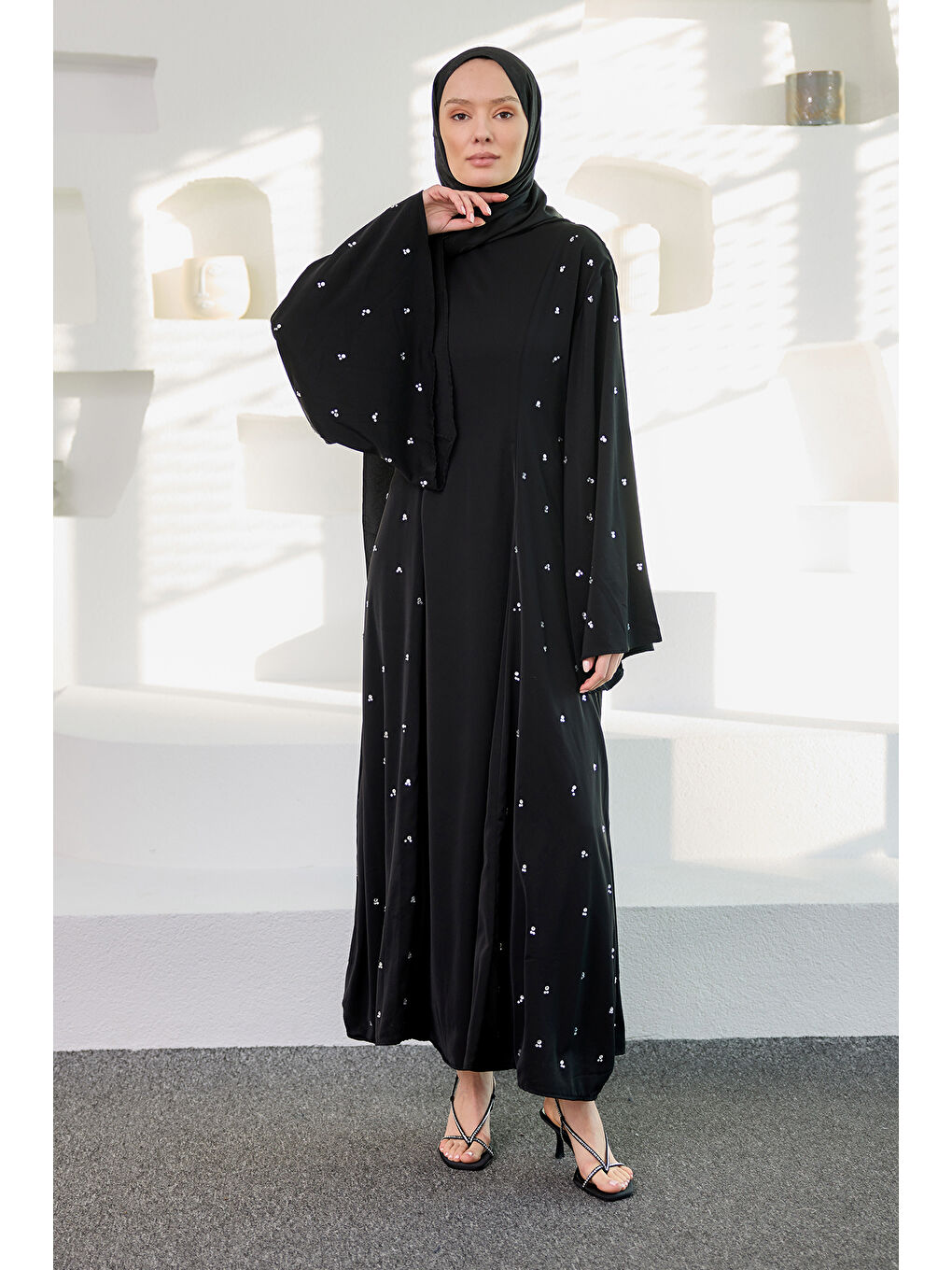 Kadın Taşlı Geniş Abaya Elbise Siyah