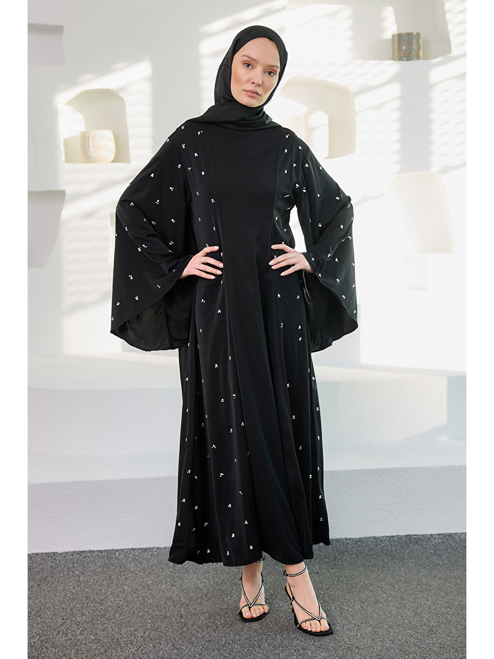 Kadın Taşlı Geniş Abaya Elbise Siyah-1