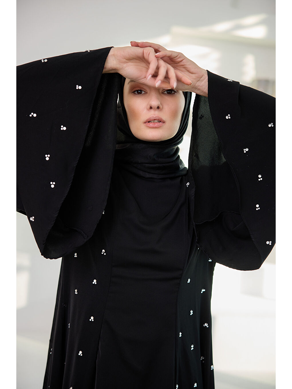 Kadın Taşlı Geniş Abaya Elbise Siyah-2