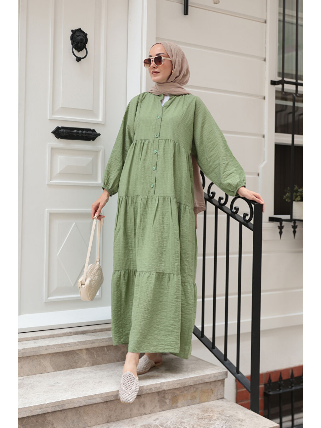 Kadın Kendinden Desenli Elbise Haki Yeşil