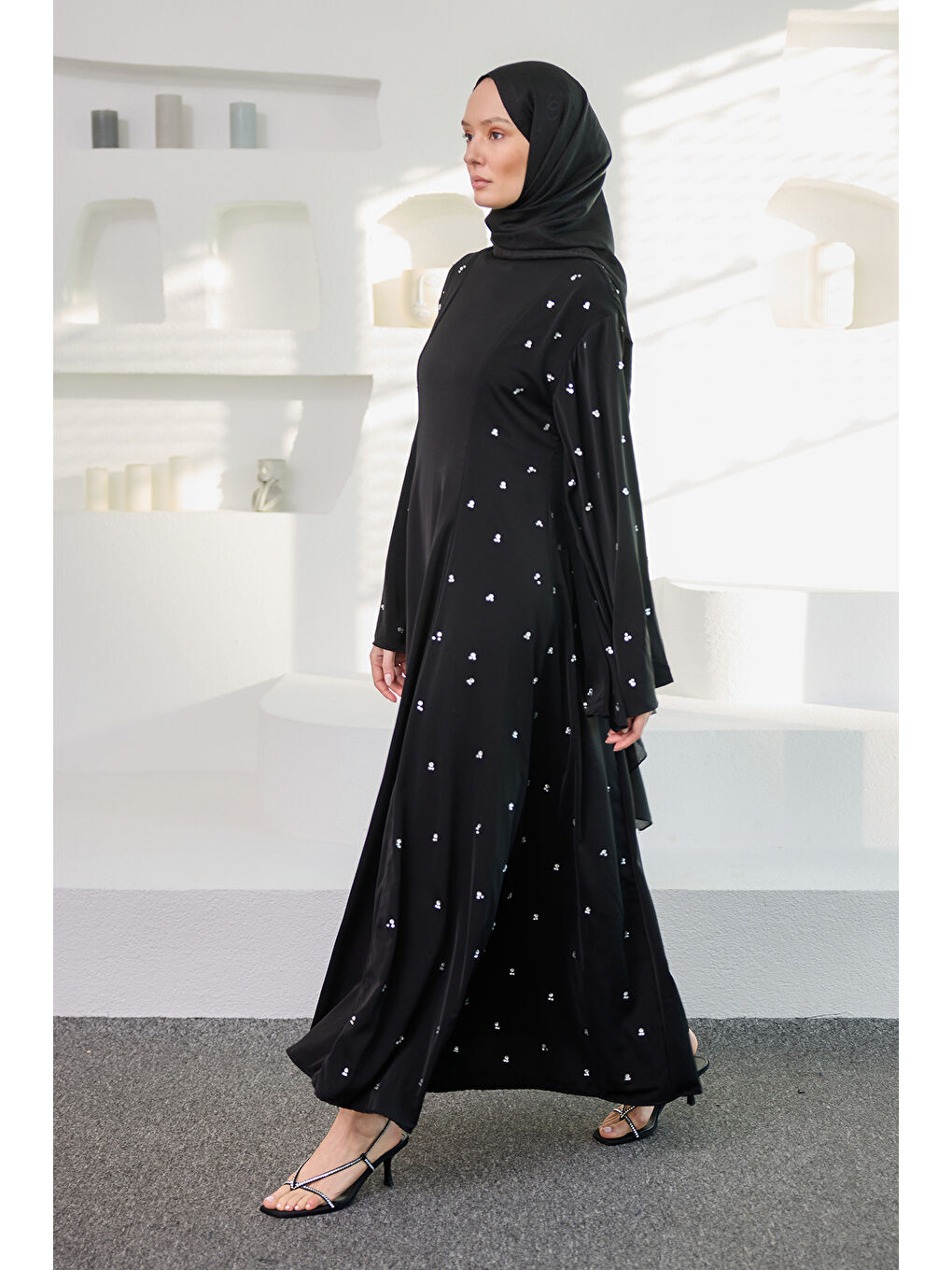 Kadın Taşlı Geniş Abaya Elbise Siyah-3