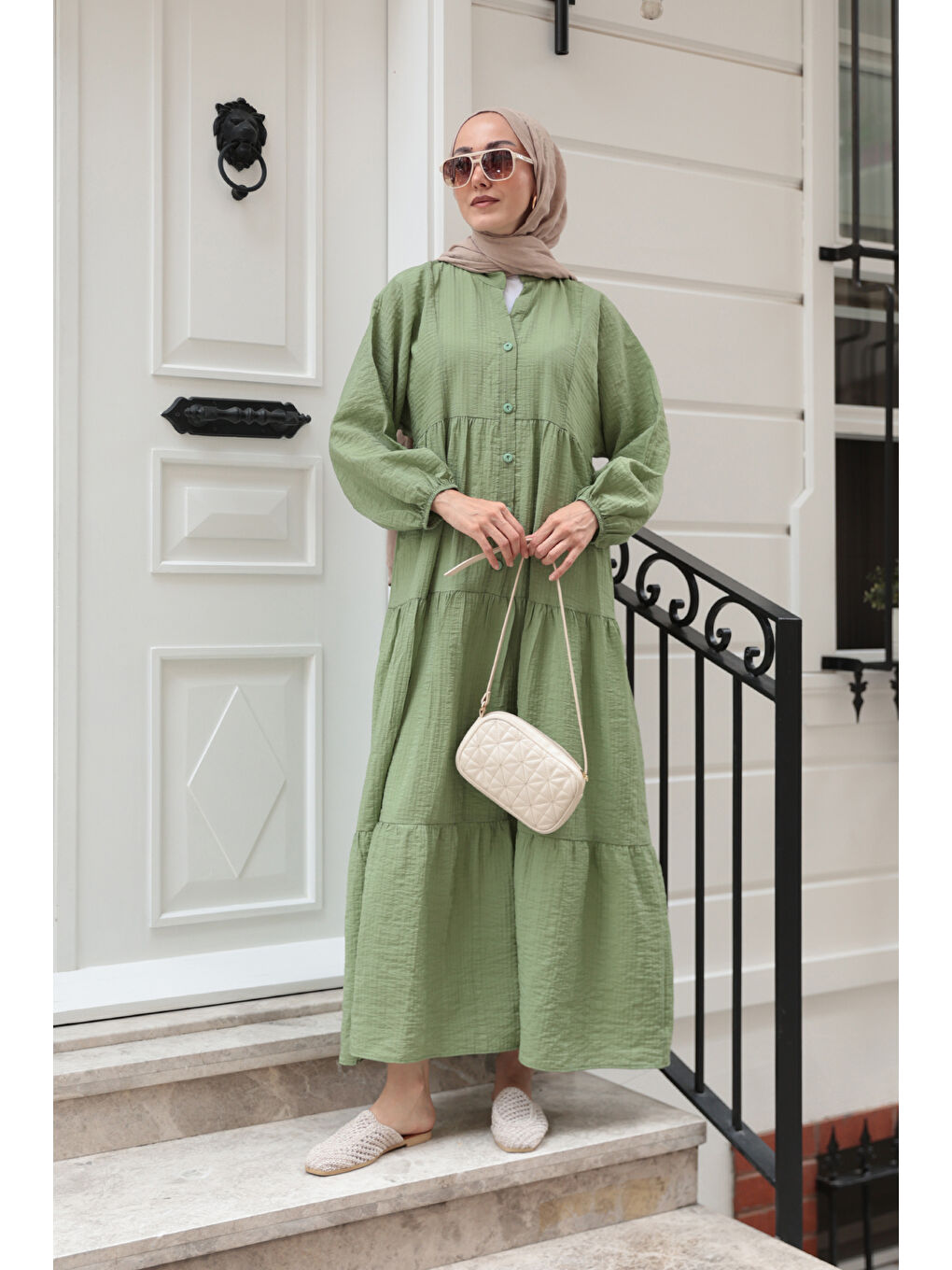 Kadın Kendinden Desenli Elbise Haki Yeşil-1