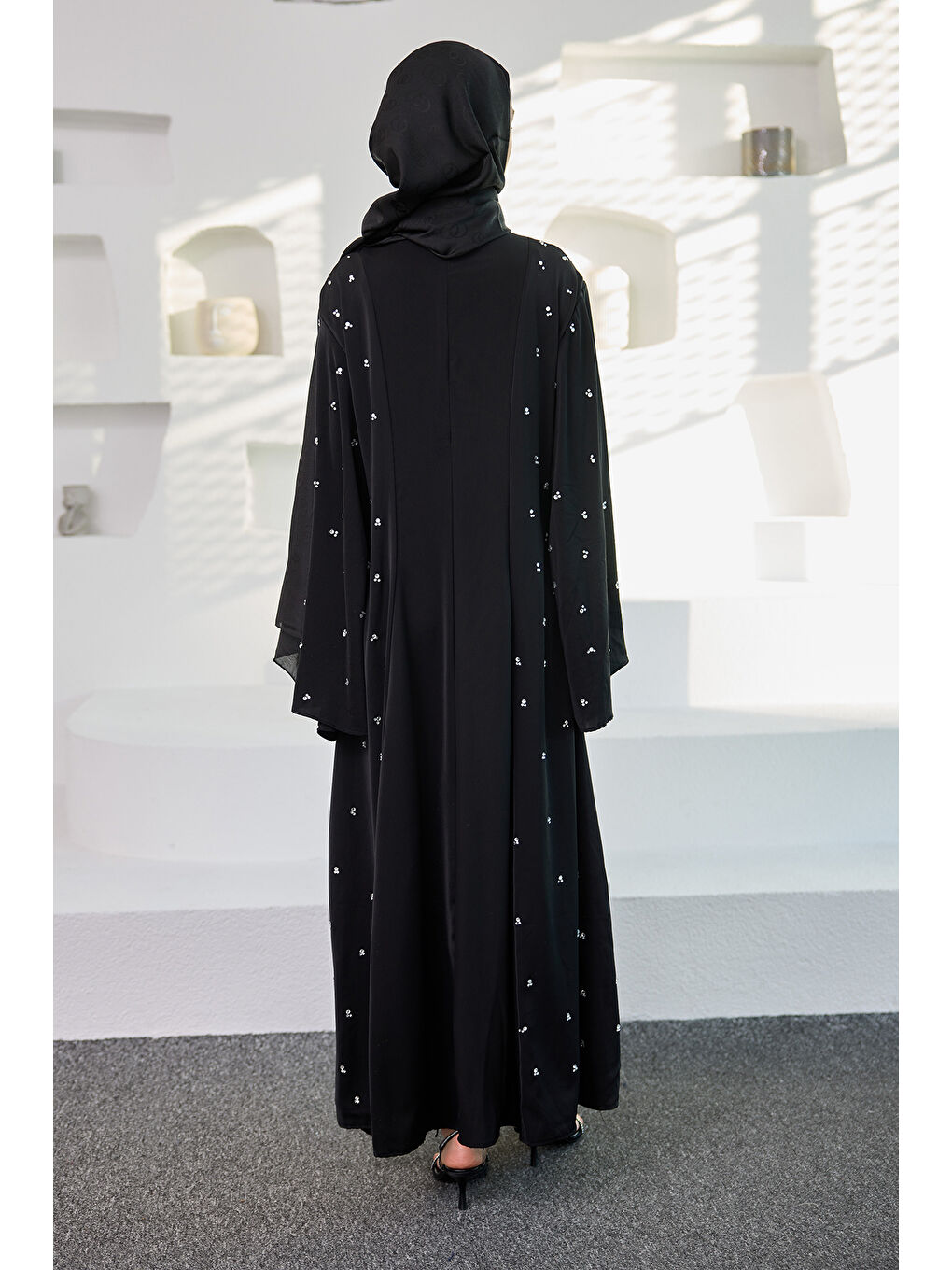 Kadın Taşlı Geniş Abaya Elbise Siyah-4