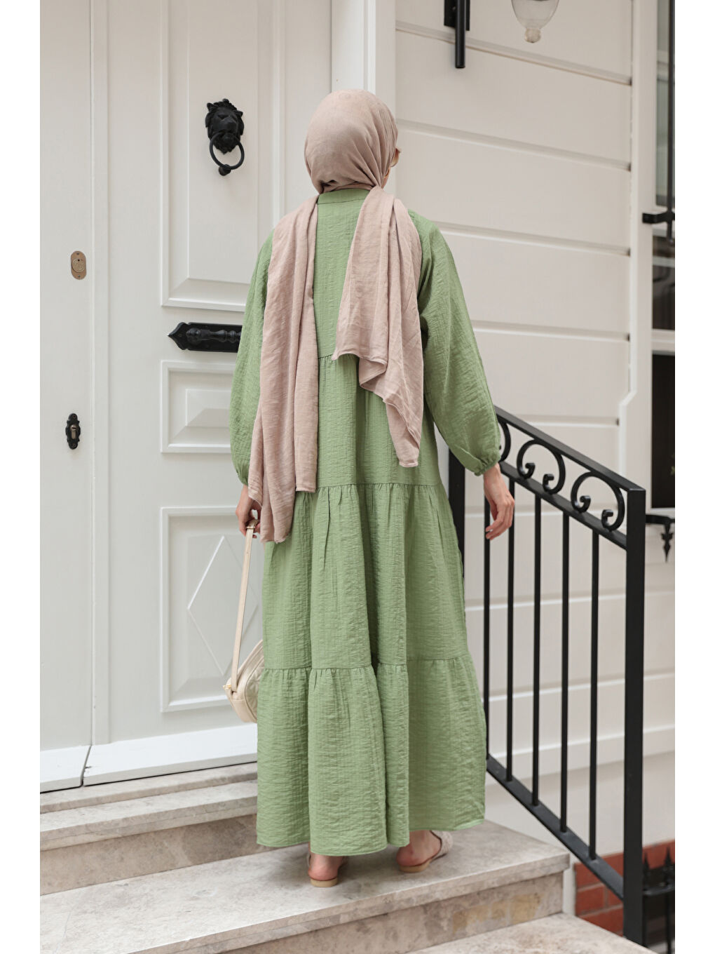 Kadın Kendinden Desenli Elbise Haki Yeşil-3