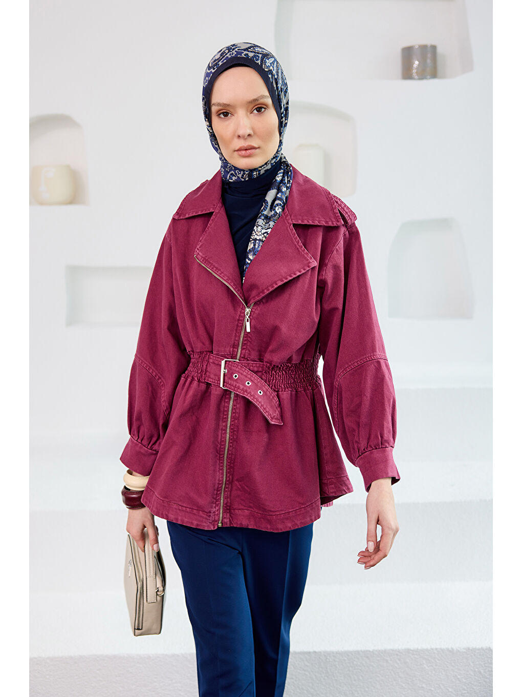 Locco Moda Kadın Büzgü Kemer Detaylı Jean Ceket Bordo