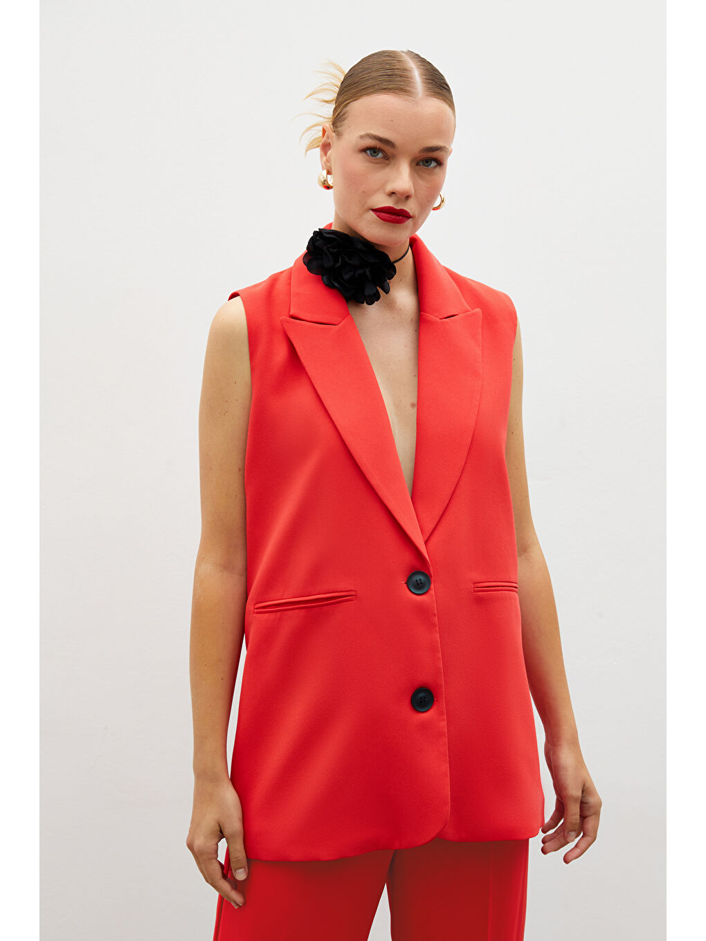 Düğme Detaylı Salaş Yelek - Mercan