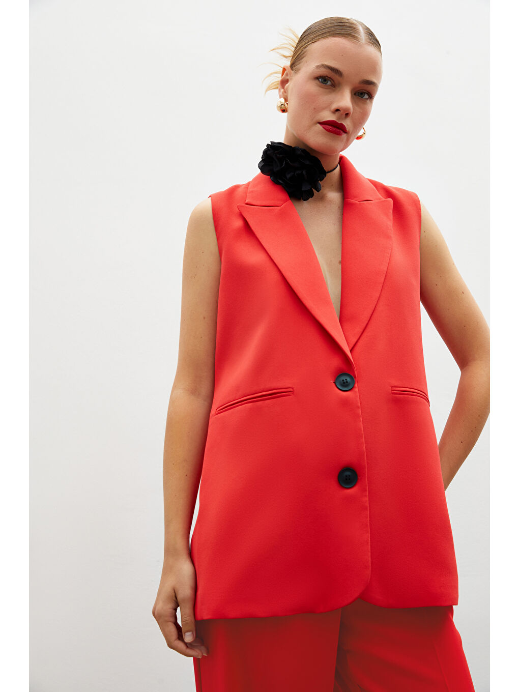 Düğme Detaylı Salaş Yelek - Mercan-1