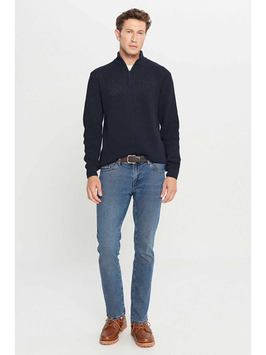 Erkek Lacivert Pamuklu Standart Fit Normal Kesim Bato Yaka Jakarlı Triko Kazak-1