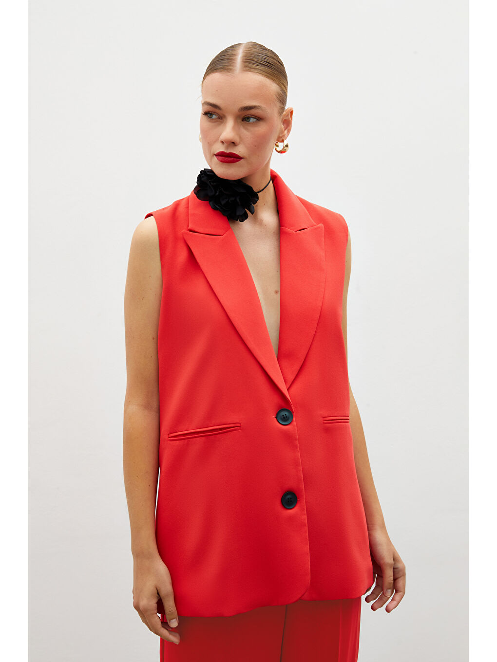 Düğme Detaylı Salaş Yelek - Mercan-3