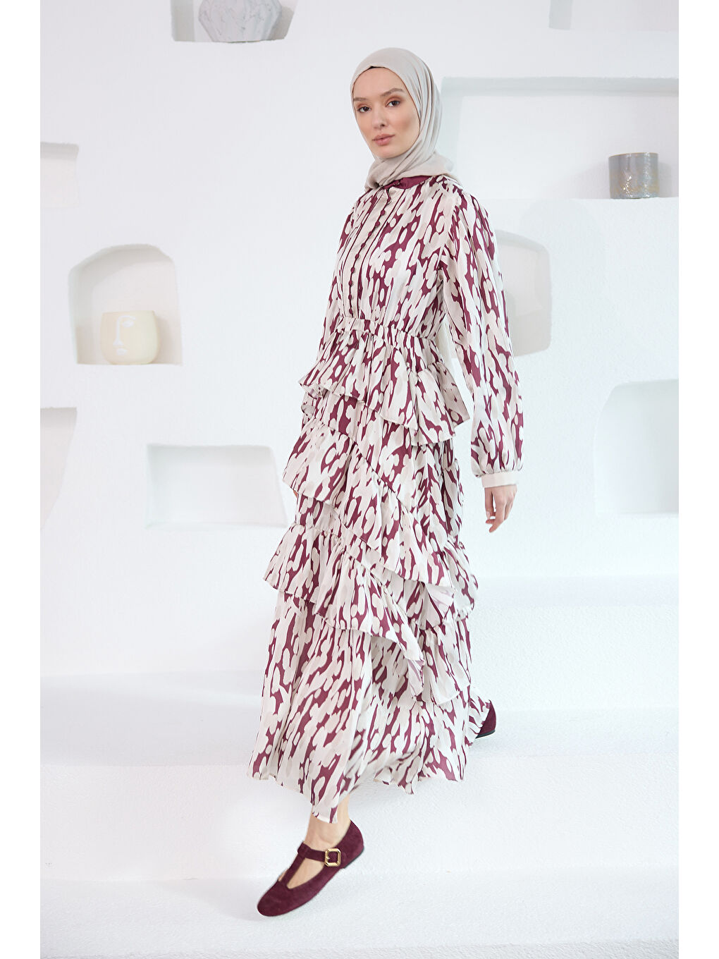 Kadın Mirami Desenli Jakar Elbise Bordo
