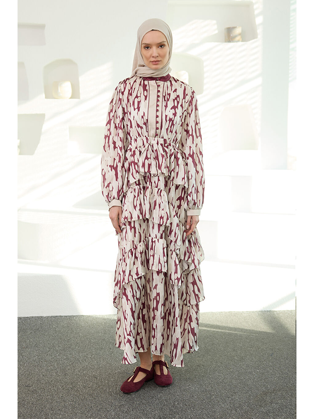 Kadın Mirami Desenli Jakar Elbise Bordo-1