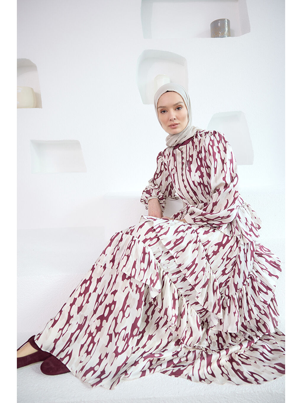 Kadın Mirami Desenli Jakar Elbise Bordo-2